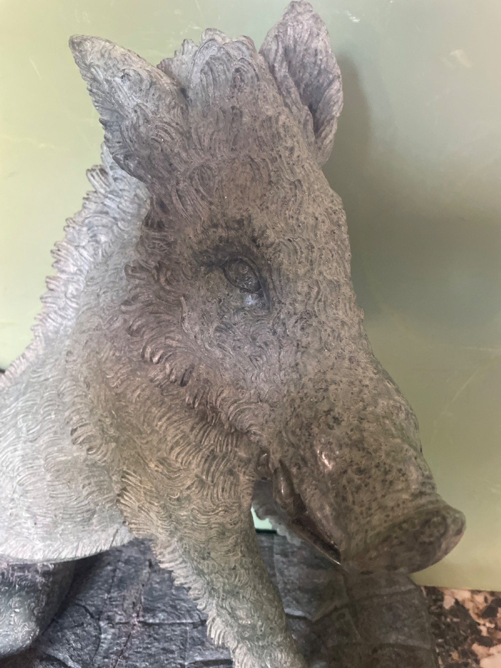 Large scale C19th Italian ‘Grand Tour’ souvenir carved ‘prato verde’ serpentine marble sculpture reduction copy, after the antique,  known as “Il Porcellino” or The Uffizi Boar.  View V