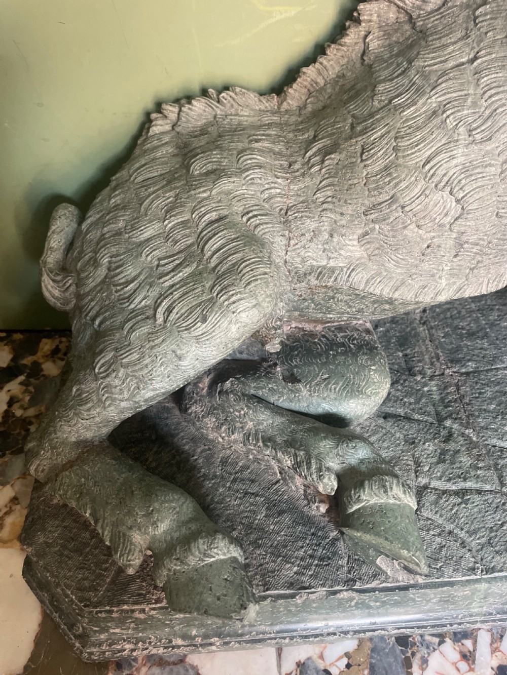 Large scale C19th Italian ‘Grand Tour’ souvenir carved ‘prato verde’ serpentine marble sculpture reduction copy, after the antique,  known as “Il Porcellino” or The Uffizi Boar.  View VI