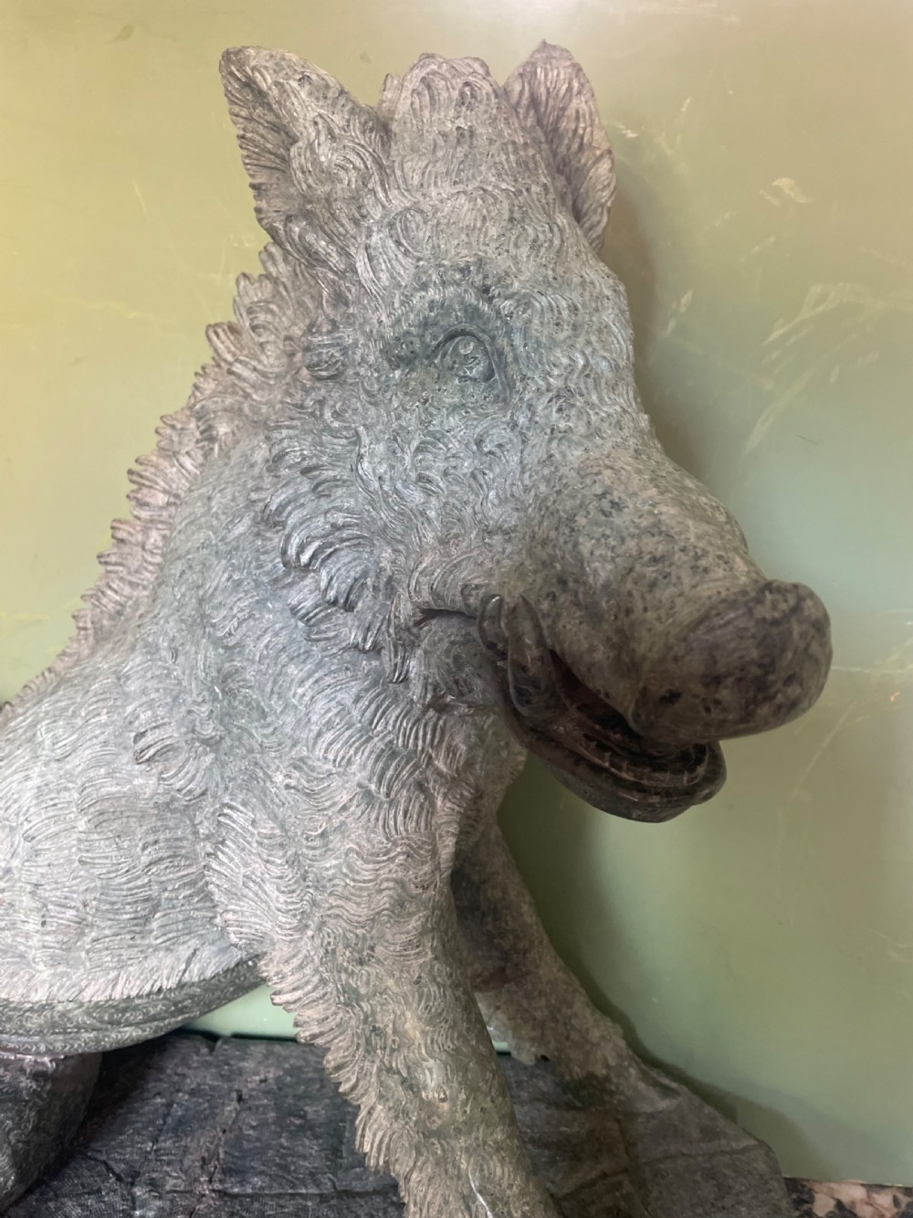 Large scale C19th Italian ‘Grand Tour’ souvenir carved ‘prato verde’ serpentine marble sculpture reduction copy, after the antique,  known as “Il Porcellino” or The Uffizi Boar.  View VIII
