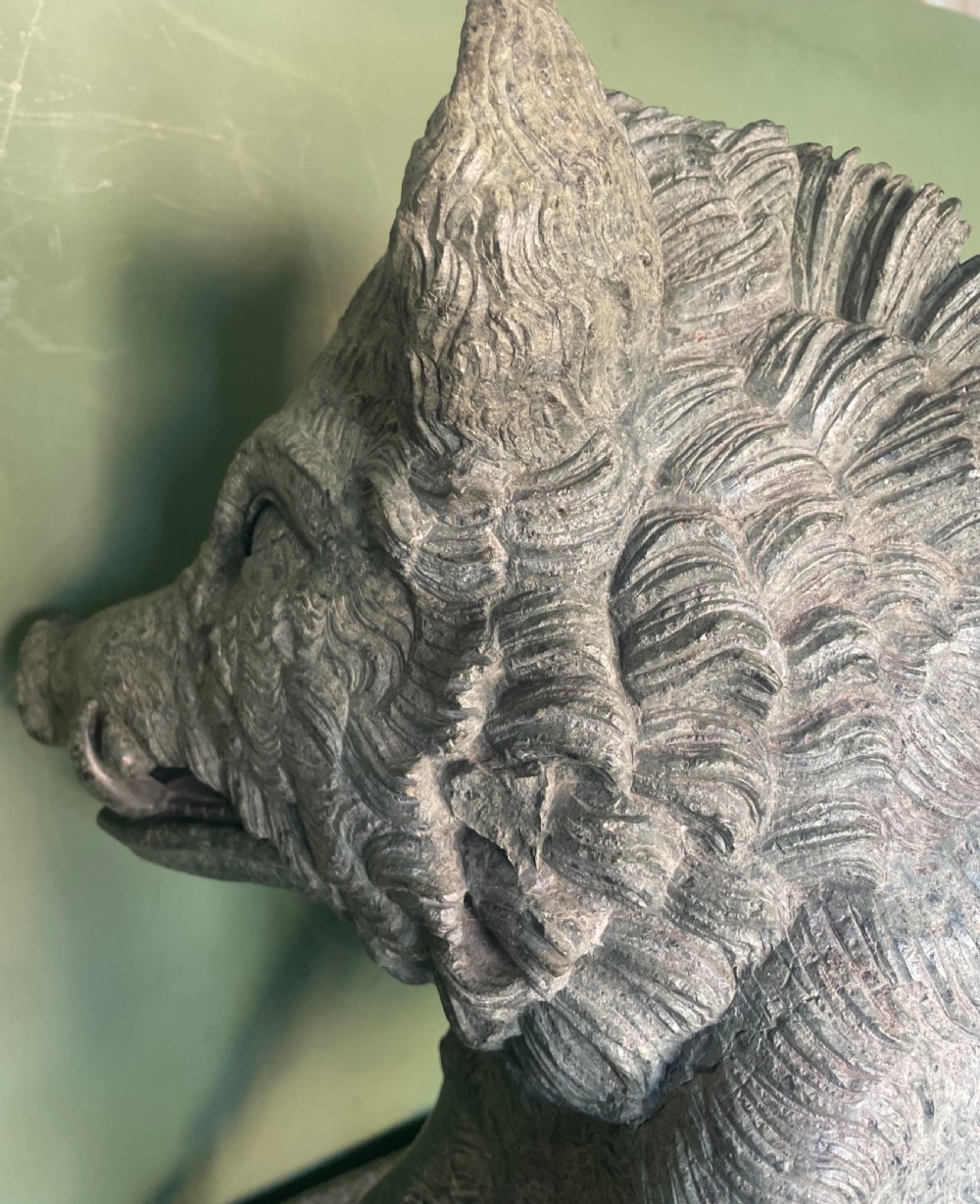 Large scale C19th Italian ‘Grand Tour’ souvenir carved ‘prato verde’ serpentine marble sculpture reduction copy, after the antique,  known as “Il Porcellino” or The Uffizi Boar.  View XII