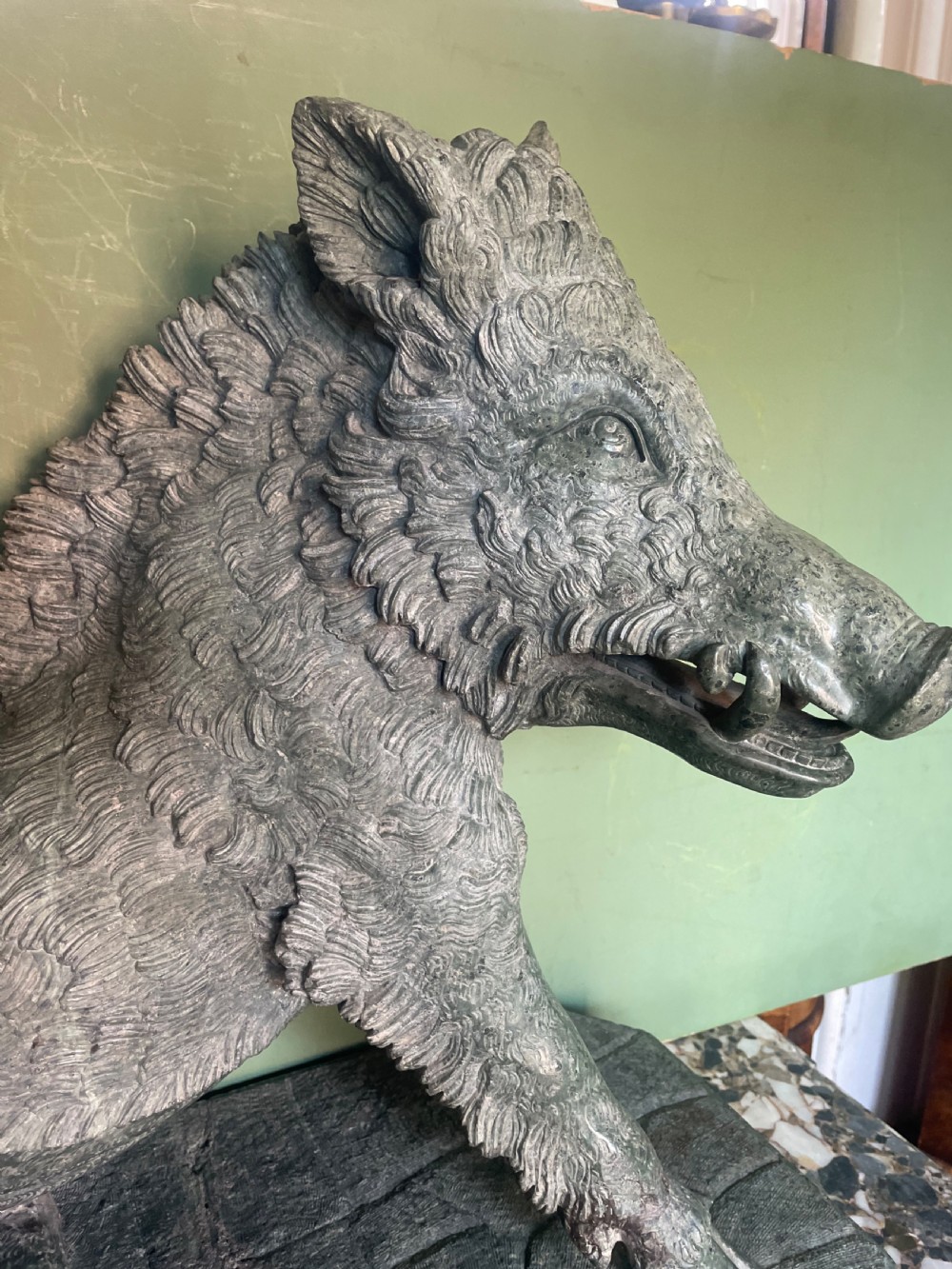 Large scale C19th Italian ‘Grand Tour’ souvenir carved ‘prato verde’ serpentine marble sculpture reduction copy, after the antique,  known as “Il Porcellino” or The Uffizi Boar.  View XIV