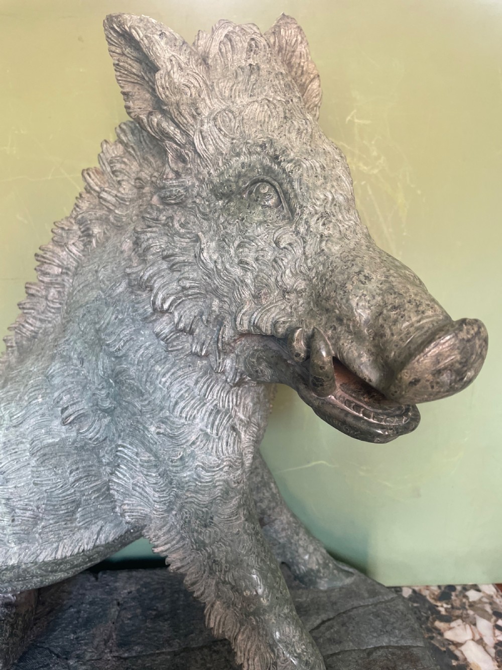 Large scale C19th Italian ‘Grand Tour’ souvenir carved ‘prato verde’ serpentine marble sculpture reduction copy, after the antique,  known as “Il Porcellino” or The Uffizi Boar.  View XVI