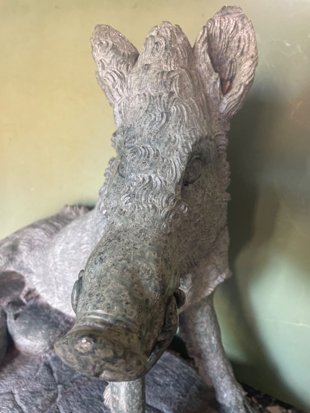 Large scale C19th Italian ‘Grand Tour’ souvenir carved ‘prato verde’ serpentine marble sculpture reduction copy, after the antique,  known as “Il Porcellino” or The Uffizi Boar.  View XVIII