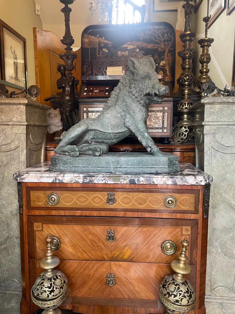 Large scale C19th Italian ‘Grand Tour’ souvenir carved ‘prato verde’ serpentine marble sculpture reduction copy, after the antique,  known as “Il Porcellino” or The Uffizi Boar.  View XIX