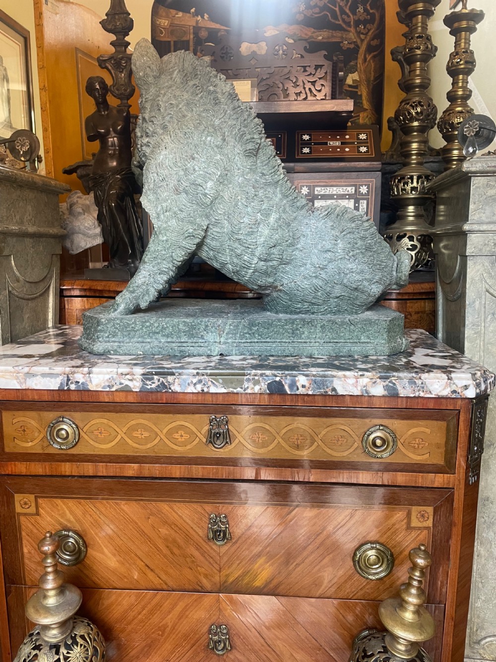 Large scale C19th Italian ‘Grand Tour’ souvenir carved ‘prato verde’ serpentine marble sculpture reduction copy, after the antique,  known as “Il Porcellino” or The Uffizi Boar.  View XXI