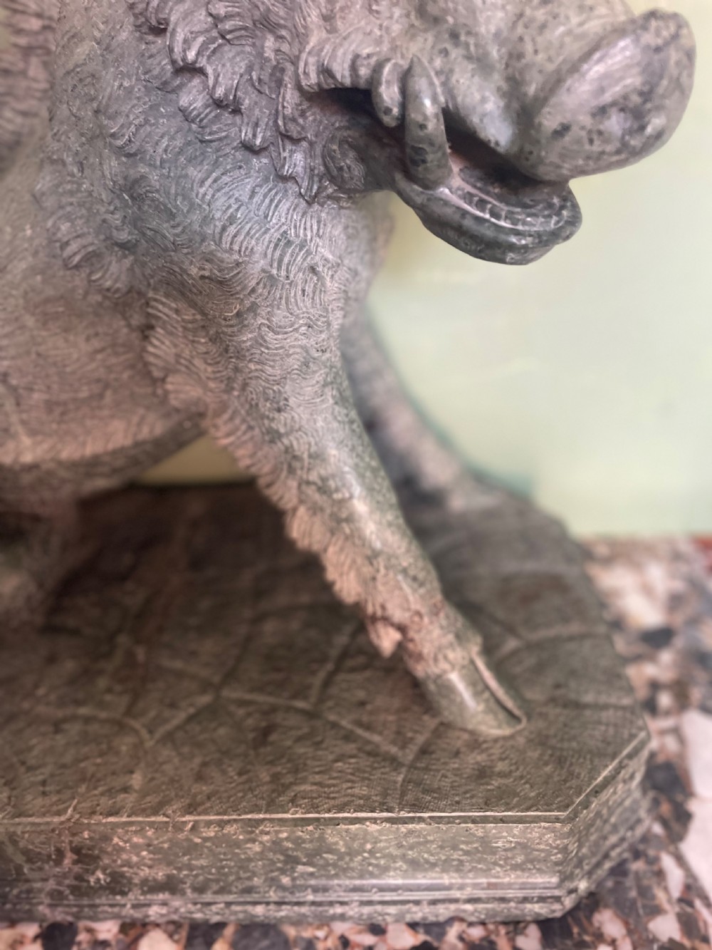 Large scale C19th Italian ‘Grand Tour’ souvenir carved ‘prato verde’ serpentine marble sculpture reduction copy, after the antique,  known as “Il Porcellino” or The Uffizi Boar.  View XXIX