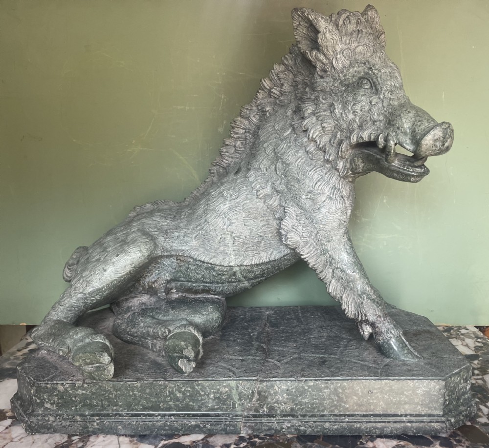 Large scale C19th Italian ‘Grand Tour’ souvenir carved ‘prato verde’ serpentine marble sculpture reduction copy, after the antique,  known as “Il Porcellino” or The Uffizi Boar.  View XXV