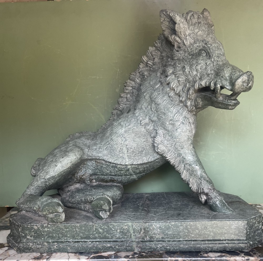 Large scale C19th Italian ‘Grand Tour’ souvenir carved ‘prato verde’ serpentine marble sculpture reduction copy, after the antique,  known as “Il Porcellino” or The Uffizi Boar.  View XXX