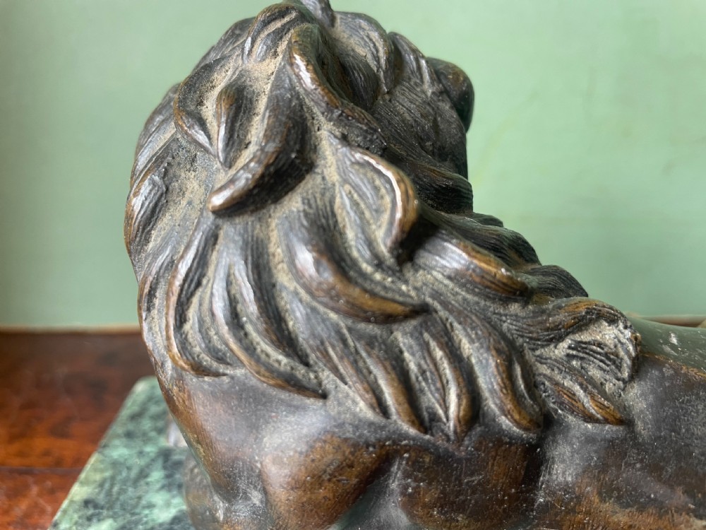 Fine pair of early C19th Regency period bronze lions mounted on ‘verde antico’ marble plinth bases. View IX