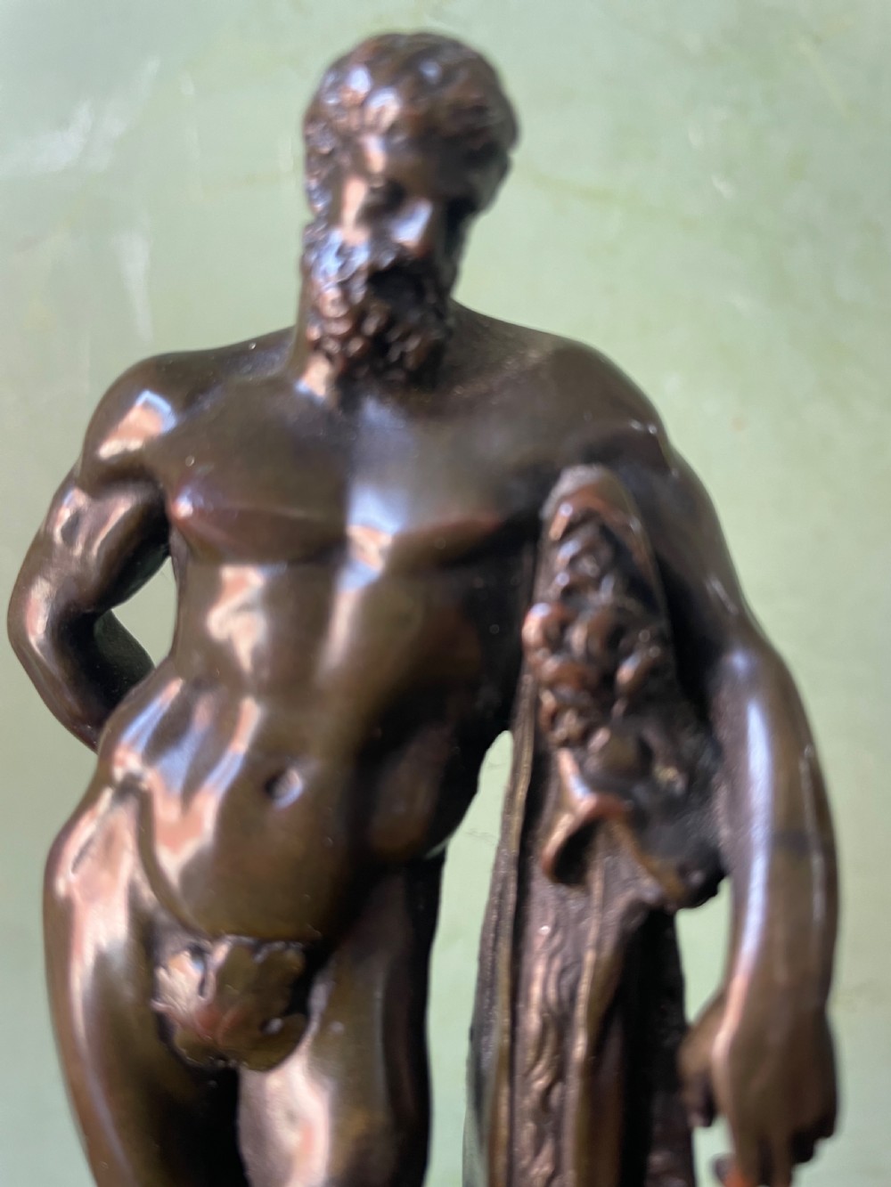 A patinated bronze study of the Farnese Hercules standing against a club draped in lion skin, mounted on a red marble plinth and black base. View X