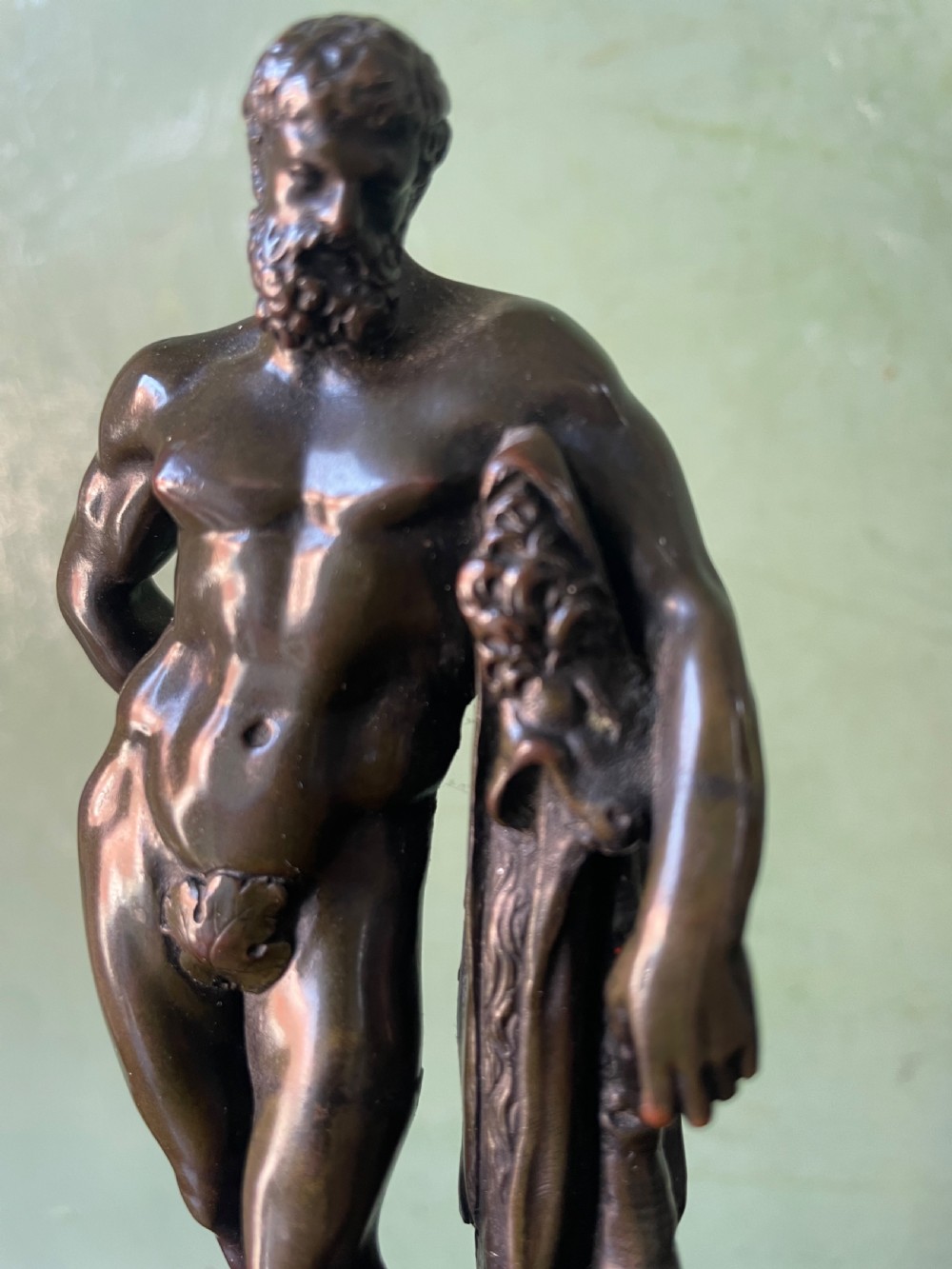 A patinated bronze study of the Farnese Hercules standing against a club draped in lion skin, mounted on a red marble plinth and black base. View XIV