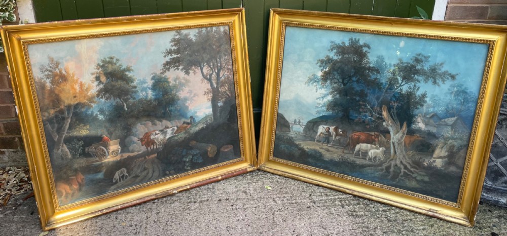 Pair of finely executed large early C19th pastel paintings depicting bucolic pastoral country landscapes in original giltwood frames in the manner of Peter Le Cave . 