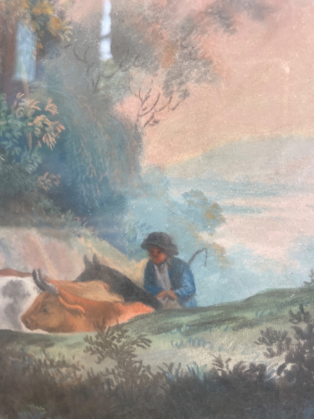 Pair of finely executed large early C19th pastel paintings depicting bucolic pastoral country landscapes in original giltwood frames in the manner of Peter Le Cave .  View II