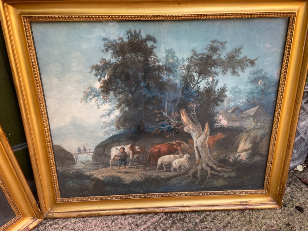 Pair of finely executed large early C19th pastel paintings depicting bucolic pastoral country landscapes in original giltwood frames in the manner of Peter Le Cave .  View III