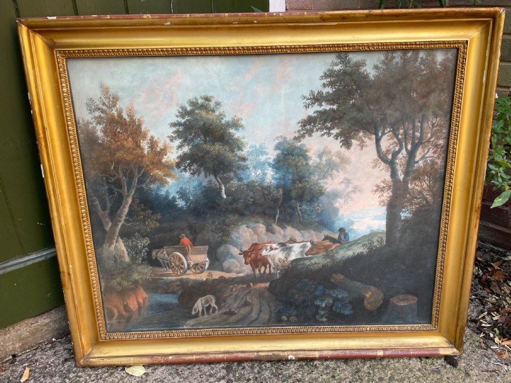 Pair of finely executed large early C19th pastel paintings depicting bucolic pastoral country landscapes in original giltwood frames in the manner of Peter Le Cave .  View IV