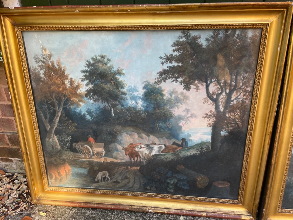Pair of finely executed large early C19th pastel paintings depicting bucolic pastoral country landscapes in original giltwood frames in the manner of Peter Le Cave .  View VI