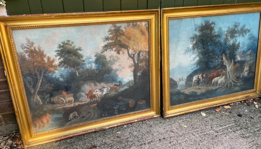 Pair of finely executed large early C19th pastel paintings depicting bucolic pastoral country landscapes in original giltwood frames in the manner of Peter Le Cave .  View VIII