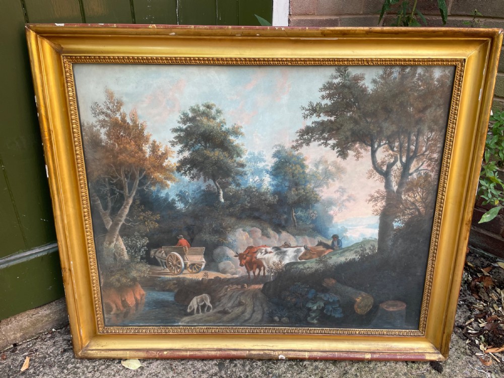 Pair of finely executed large early C19th pastel paintings depicting bucolic pastoral country landscapes in original giltwood frames in the manner of Peter Le Cave .  View XI