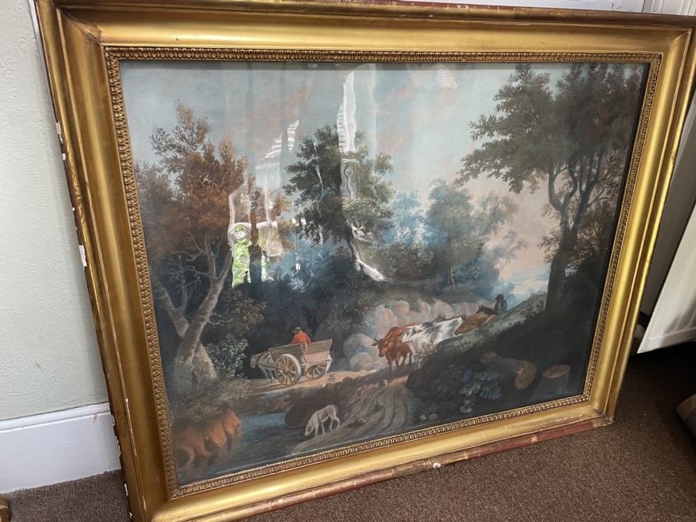 Pair of finely executed large early C19th pastel paintings depicting bucolic pastoral country landscapes in original giltwood frames in the manner of Peter Le Cave .  View XV