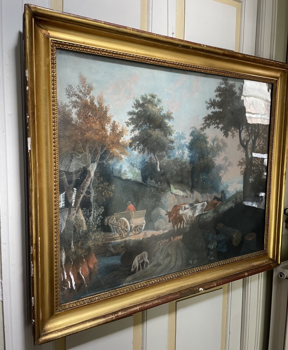 Pair of finely executed large early C19th pastel paintings depicting bucolic pastoral country landscapes in original giltwood frames in the manner of Peter Le Cave .  View XVI