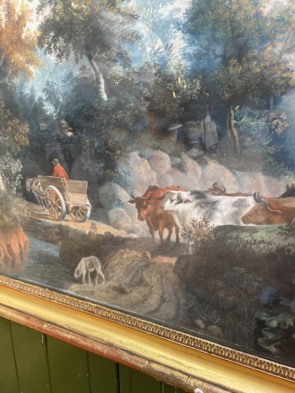 Pair of finely executed large early C19th pastel paintings depicting bucolic pastoral country landscapes in original giltwood frames in the manner of Peter Le Cave .  View XVIII