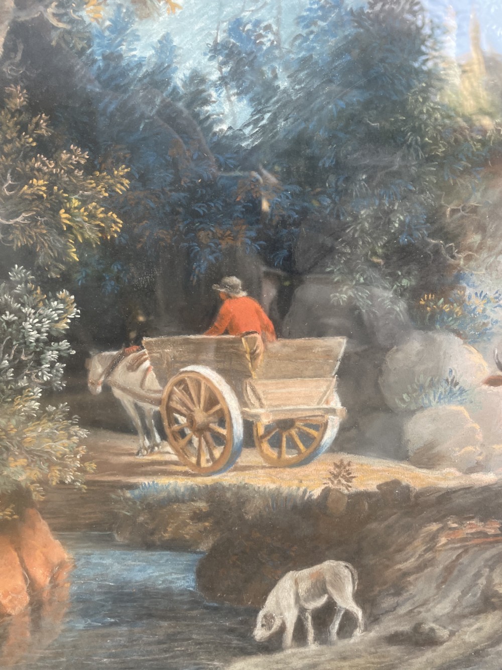 Pair of finely executed large early C19th pastel paintings depicting bucolic pastoral country landscapes in original giltwood frames in the manner of Peter Le Cave .  View XIX
