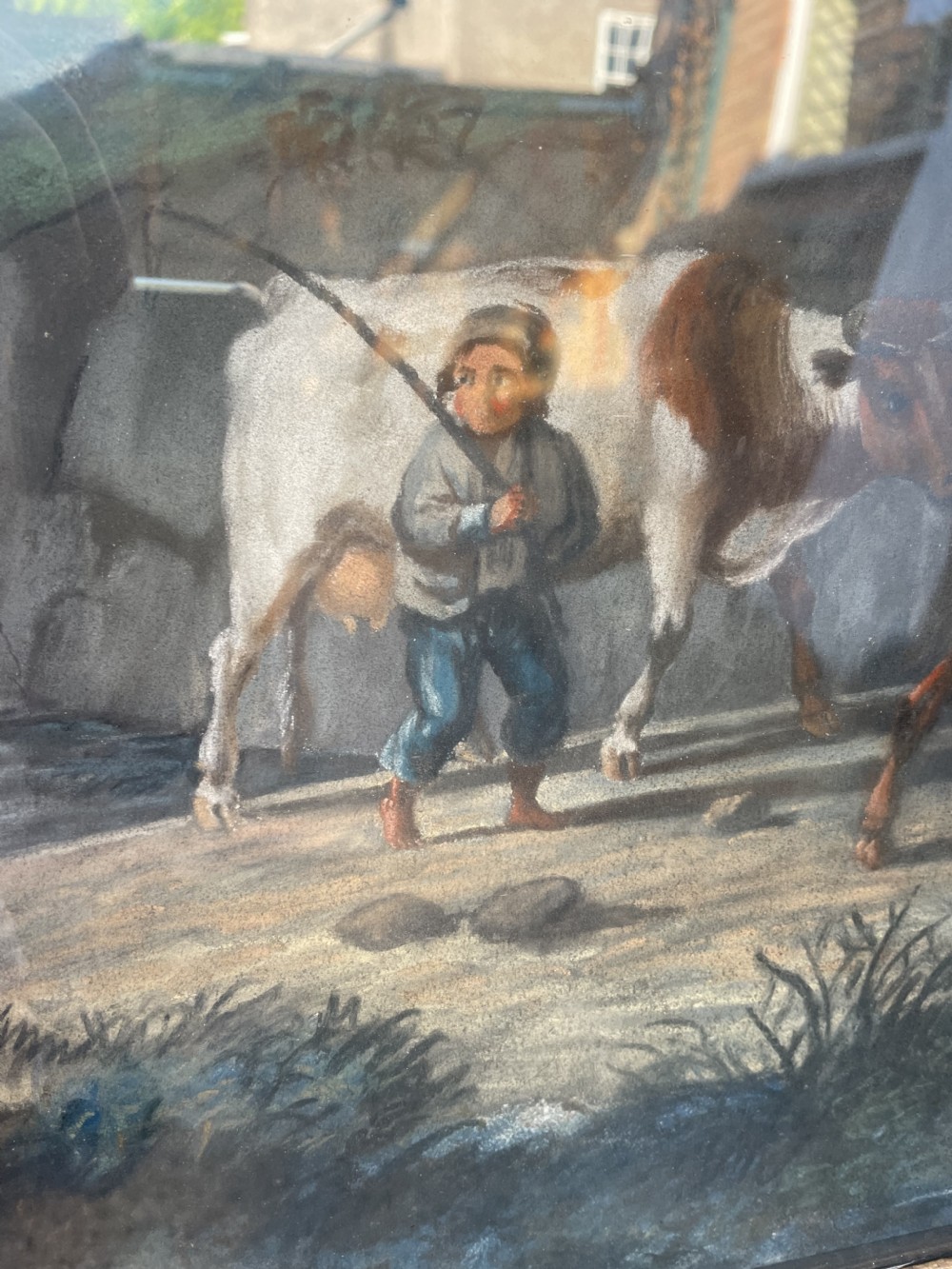 Pair of finely executed large early C19th pastel paintings depicting bucolic pastoral country landscapes in original giltwood frames in the manner of Peter Le Cave .  View XX