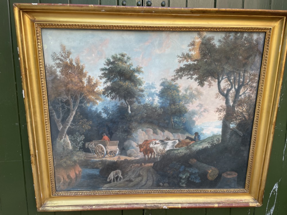 Pair of finely executed large early C19th pastel paintings depicting bucolic pastoral country landscapes in original giltwood frames in the manner of Peter Le Cave .  View XXII