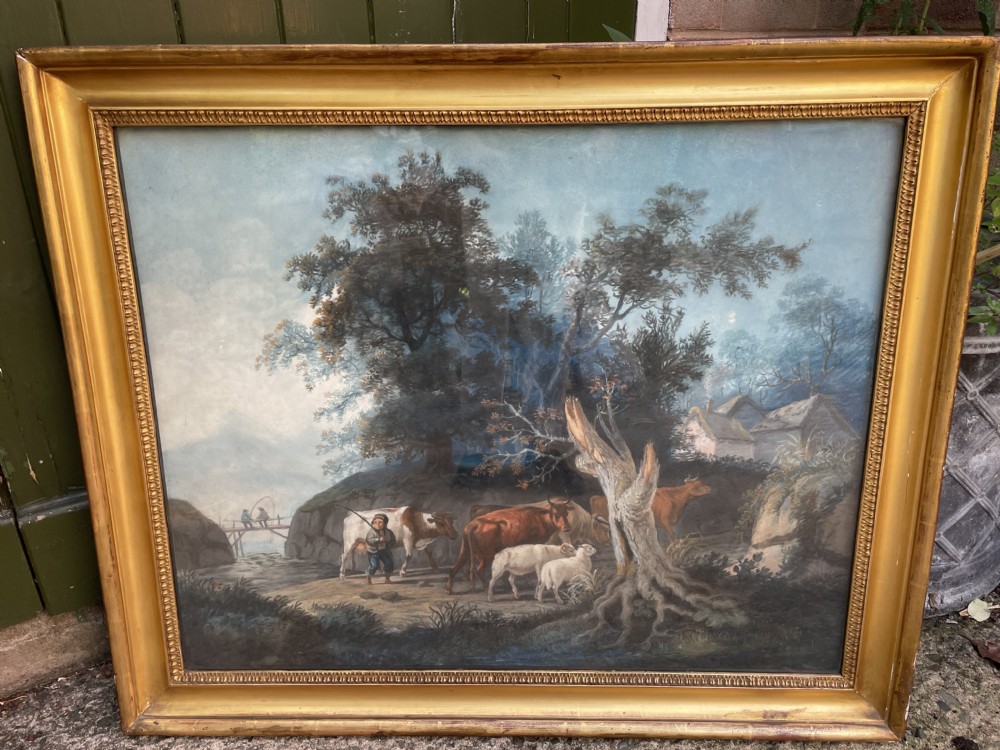 Pair of finely executed large early C19th pastel paintings depicting bucolic pastoral country landscapes in original giltwood frames in the manner of Peter Le Cave .  View XXIII