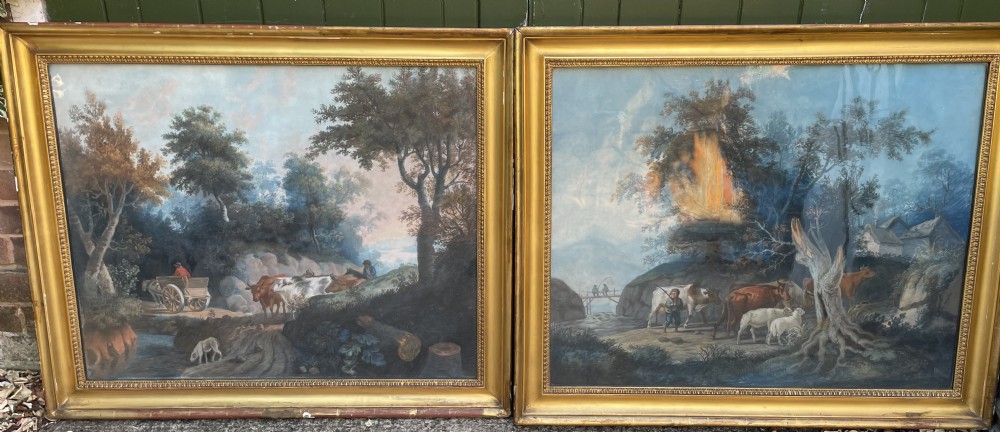 Pair of finely executed large early C19th pastel paintings depicting bucolic pastoral country landscapes in original giltwood frames in the manner of Peter Le Cave .  View XXIV