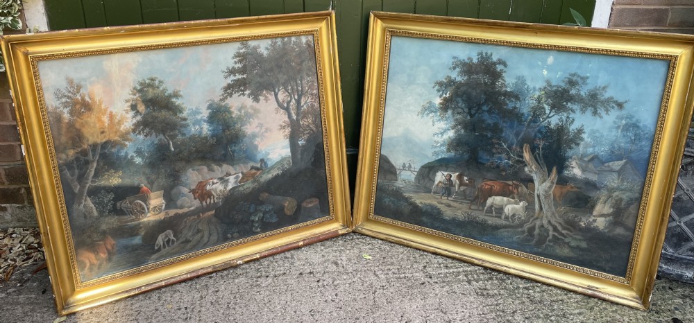 Pair of finely executed large early C19th pastel paintings depicting bucolic pastoral country landscapes in original giltwood frames in the manner of Peter Le Cave .  View XXVI