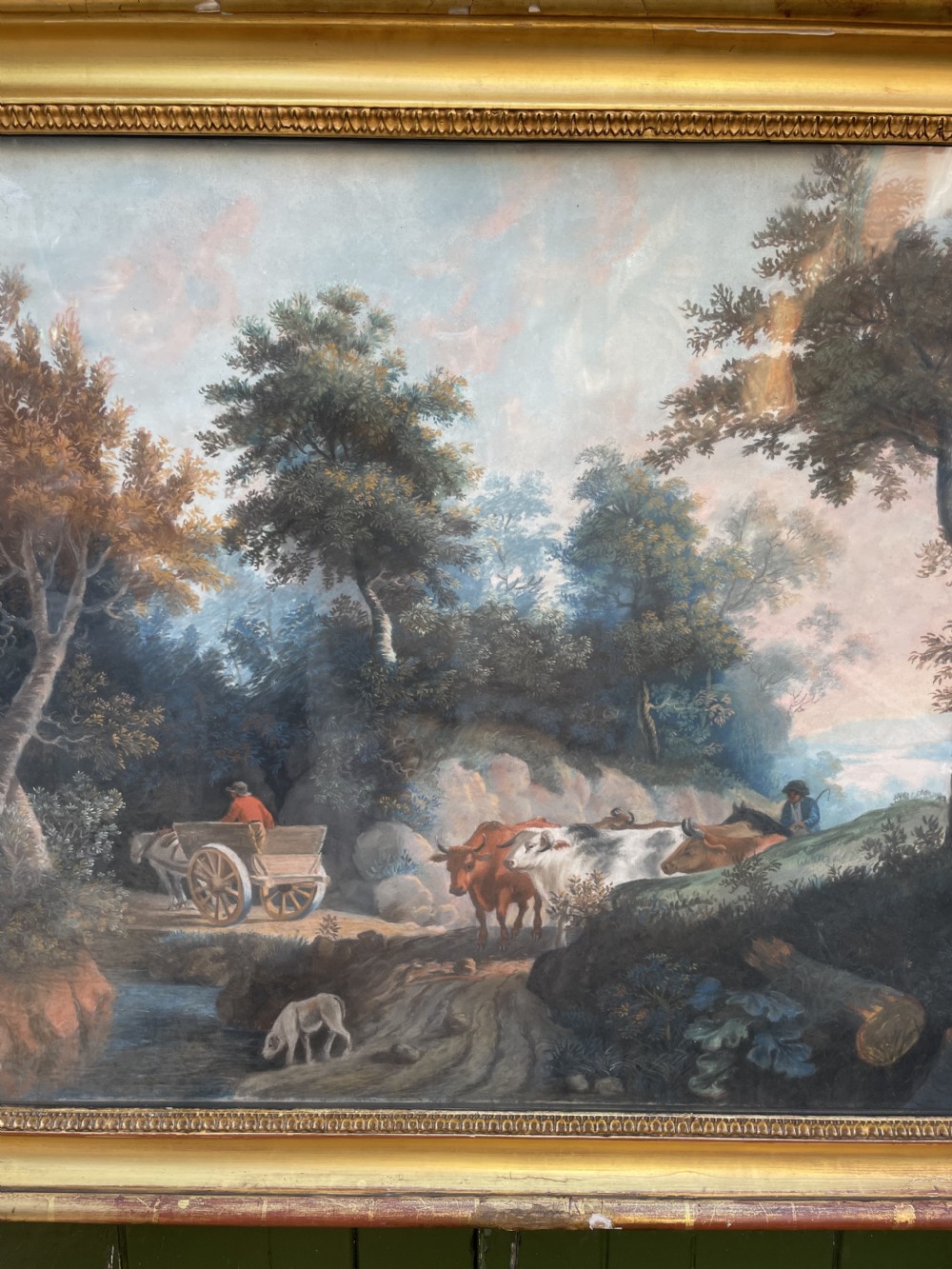 Pair of finely executed large early C19th pastel paintings depicting bucolic pastoral country landscapes in original giltwood frames in the manner of Peter Le Cave .  View XXVIII
