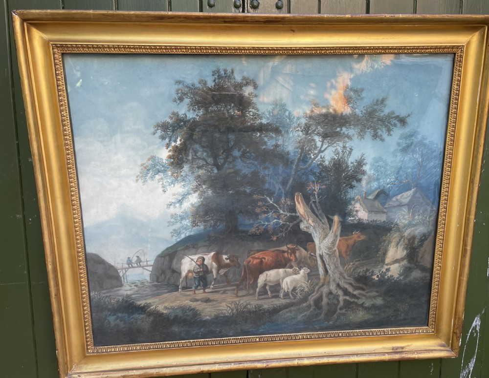 Pair of finely executed large early C19th pastel paintings depicting bucolic pastoral country landscapes in original giltwood frames in the manner of Peter Le Cave .  View XXIX