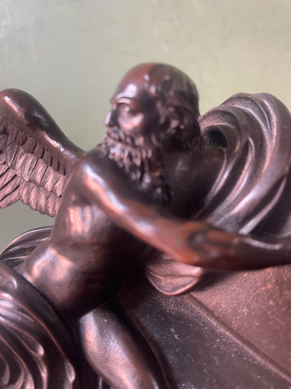 Early C19th French classical bronze study mounted on a ‘giallo di siena’ marble plinth base , probably depicting Chronos . View V