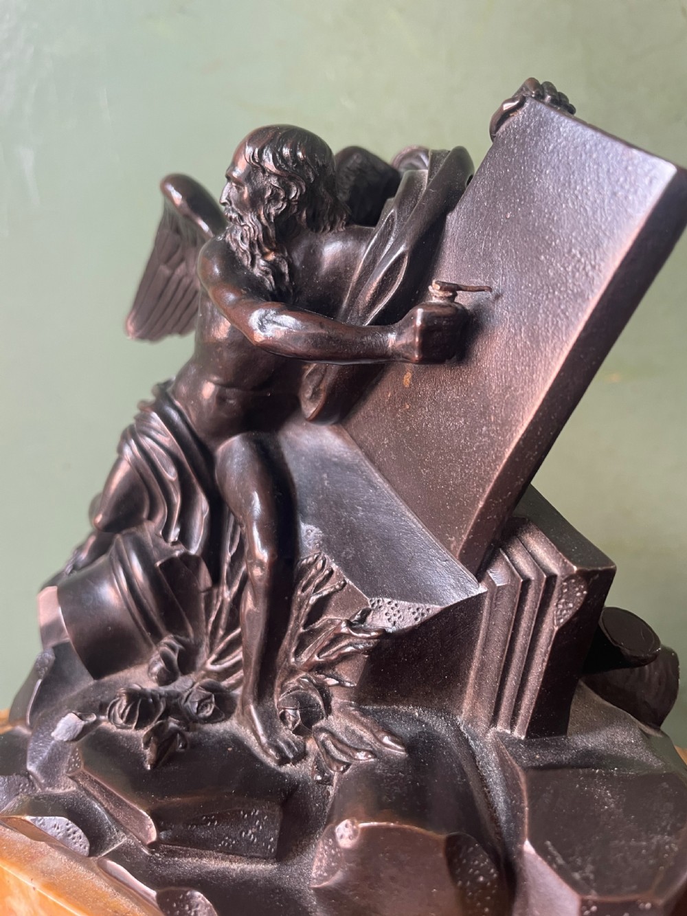 Early C19th French classical bronze study mounted on a ‘giallo di siena’ marble plinth base , probably depicting Chronos . View VI