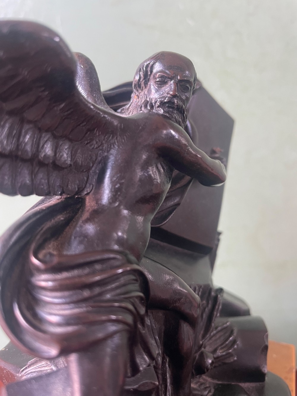 Early C19th French classical bronze study mounted on a ‘giallo di siena’ marble plinth base , probably depicting Chronos . View X