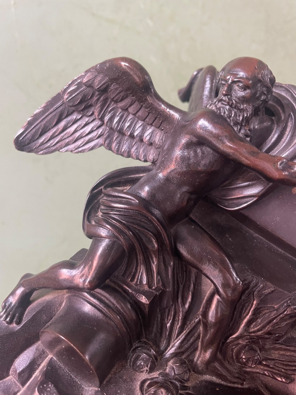Early C19th French classical bronze study mounted on a ‘giallo di siena’ marble plinth base , probably depicting Chronos . View XIV