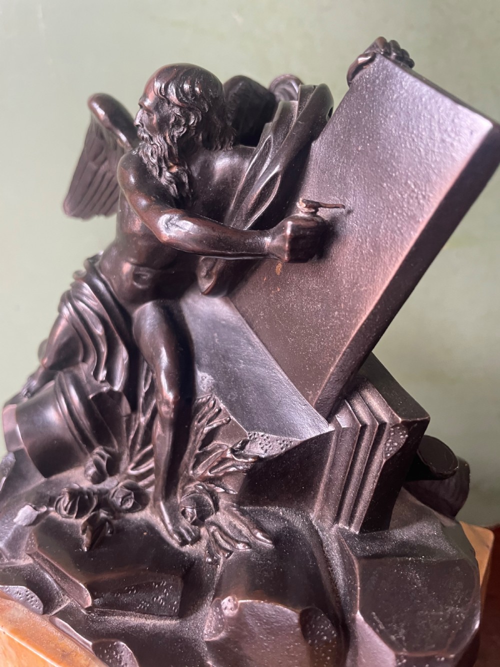 Early C19th French classical bronze study mounted on a ‘giallo di siena’ marble plinth base , probably depicting Chronos . View XVI