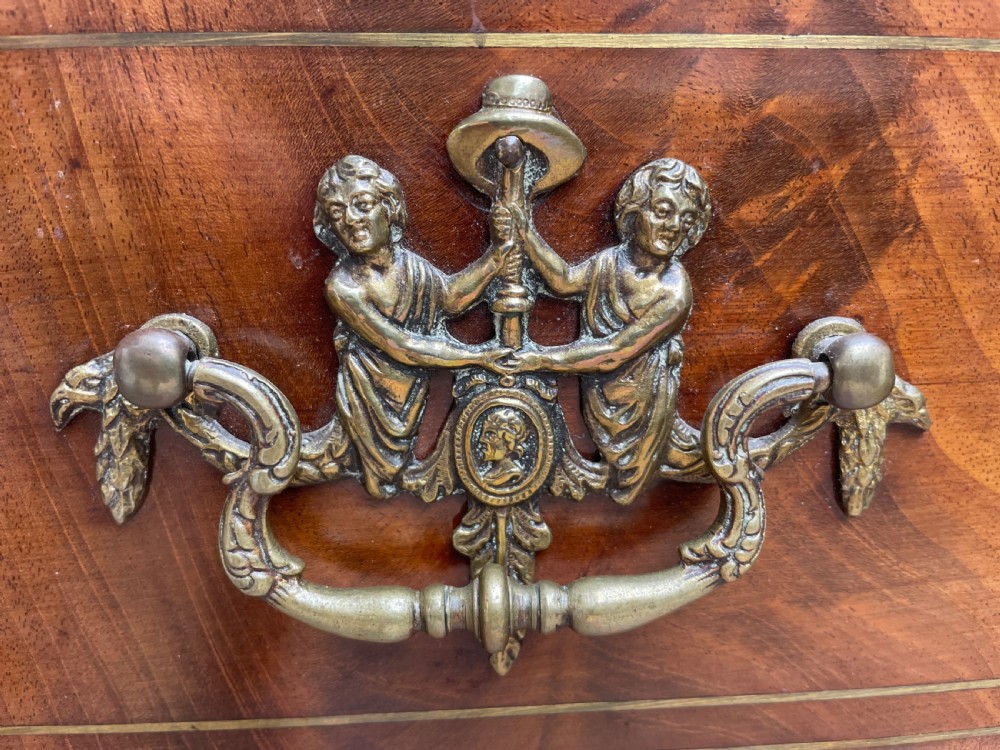Elegant early C19th small-scale mahogany 4 door 2-part glazed cabinet having brass line inlay and brass mouldings , together with a ‘rosso levanto’ marble top. View VII