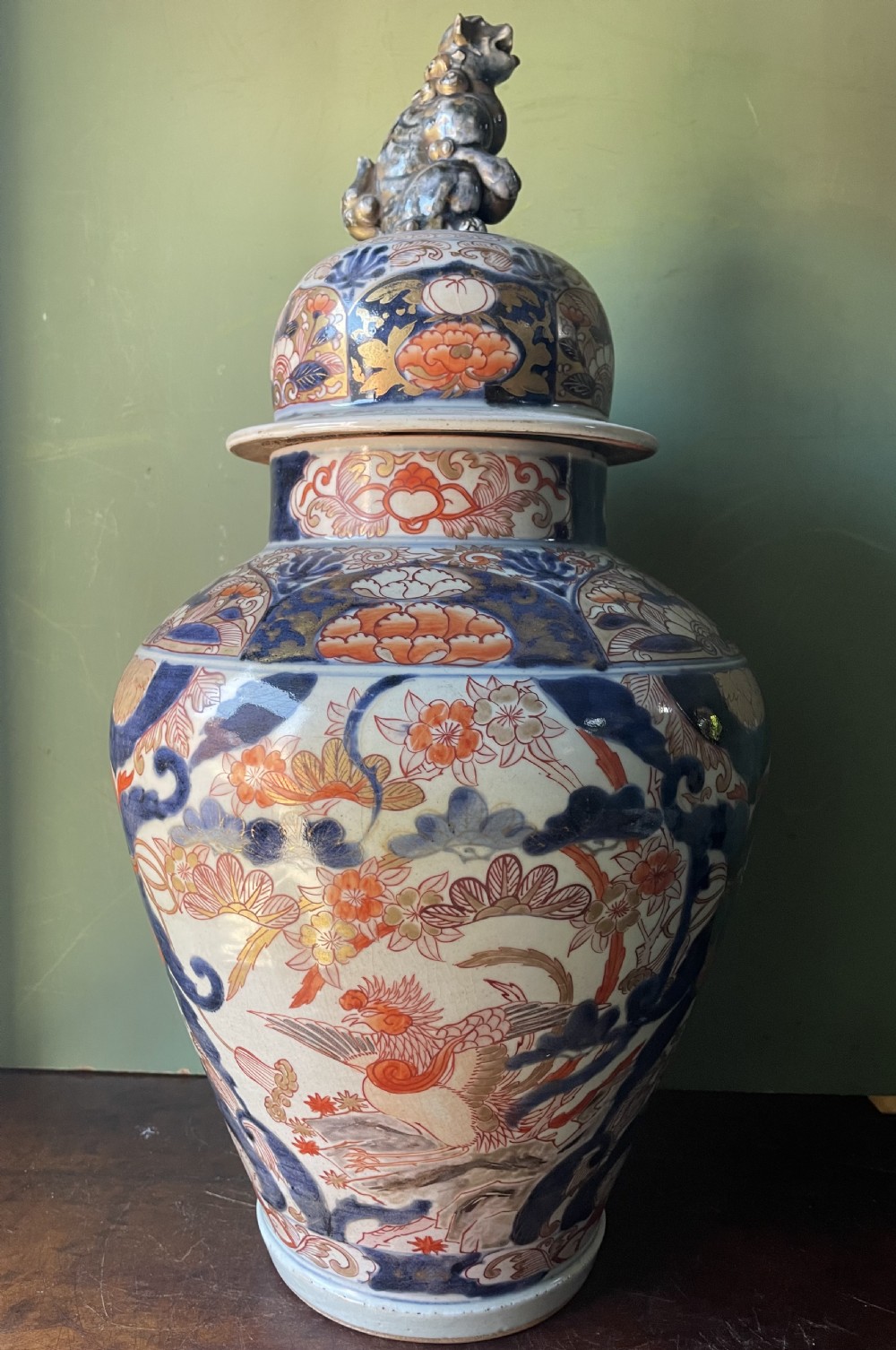 Early C18th Edo period Japanese Imari pattern porcelain vase and cover . View III