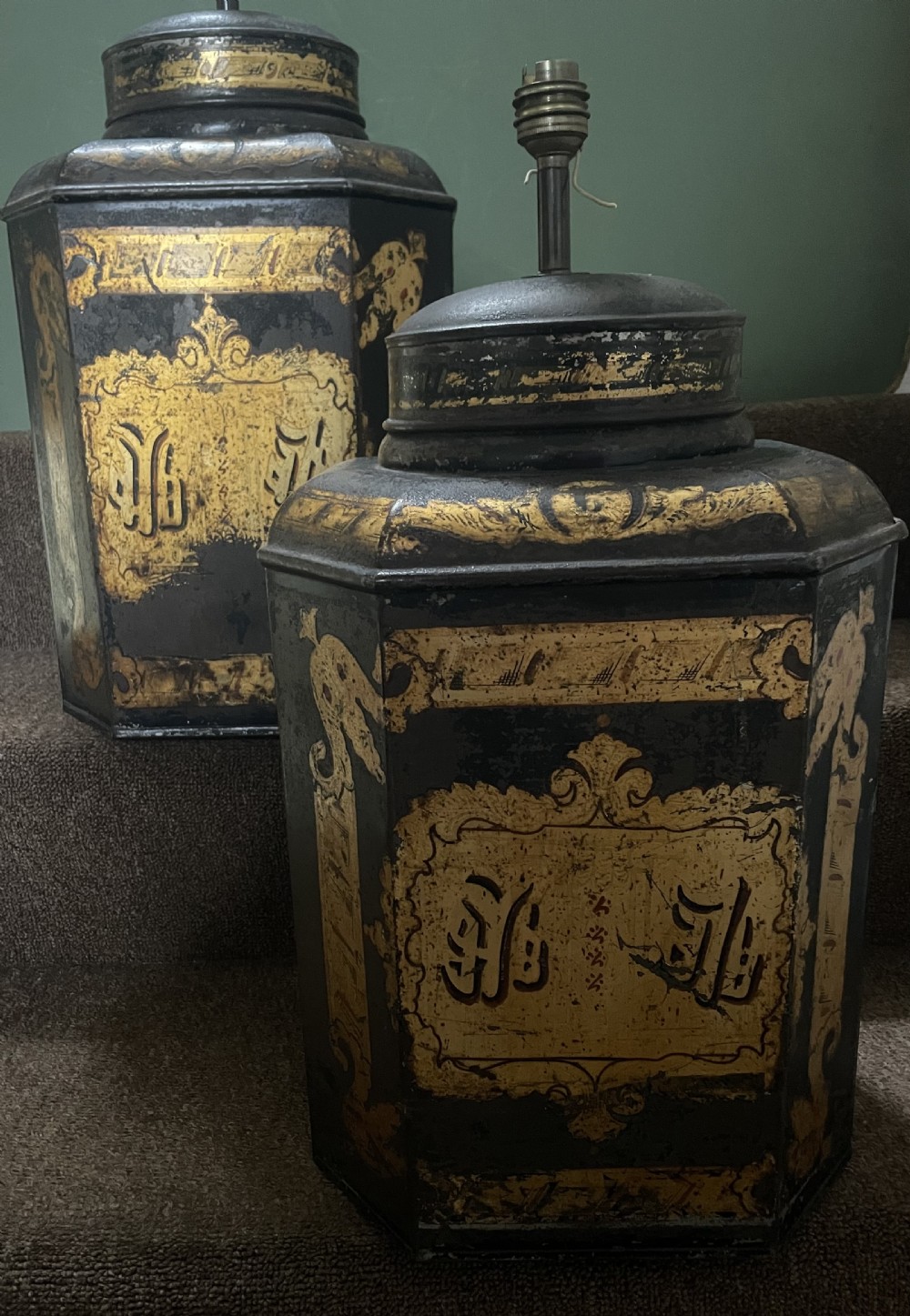 Pair of decorative mid C19th black and gilt japanned tin tea-canister lamp bases with Chinese style gilded decoration . 