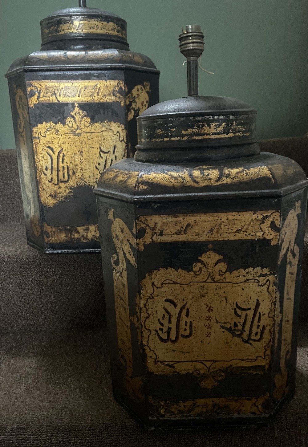 Pair of decorative mid C19th black and gilt japanned tin tea-canister lamp bases with Chinese style gilded decoration .  View II