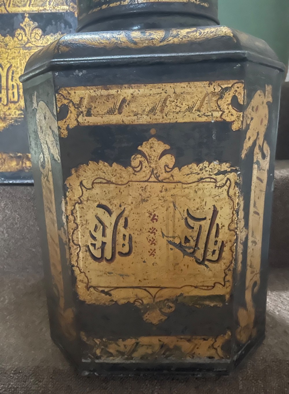Pair of decorative mid C19th black and gilt japanned tin tea-canister lamp bases with Chinese style gilded decoration .  View III