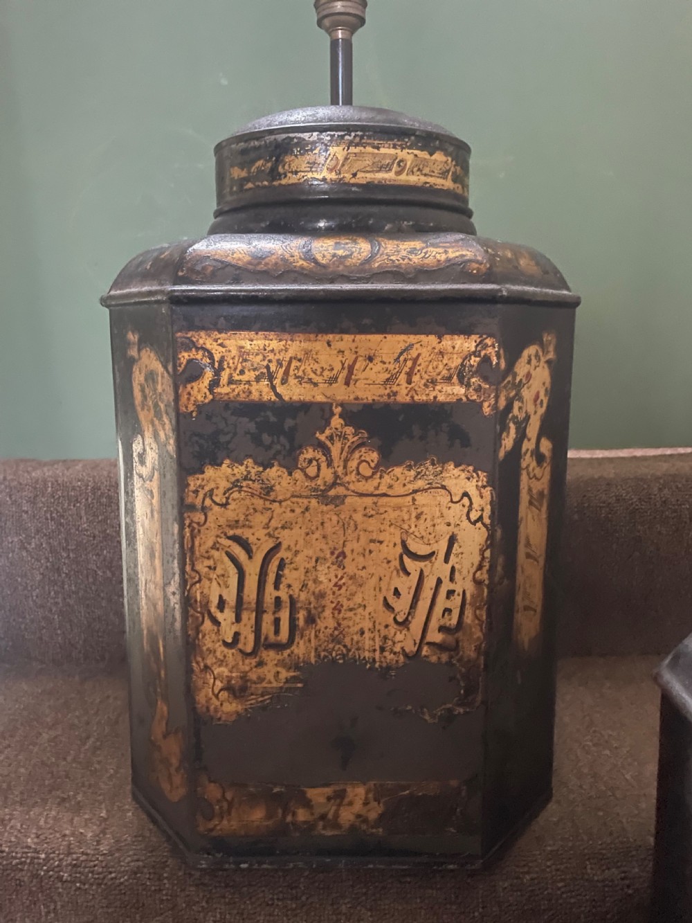 Pair of decorative mid C19th black and gilt japanned tin tea-canister lamp bases with Chinese style gilded decoration .  View IV