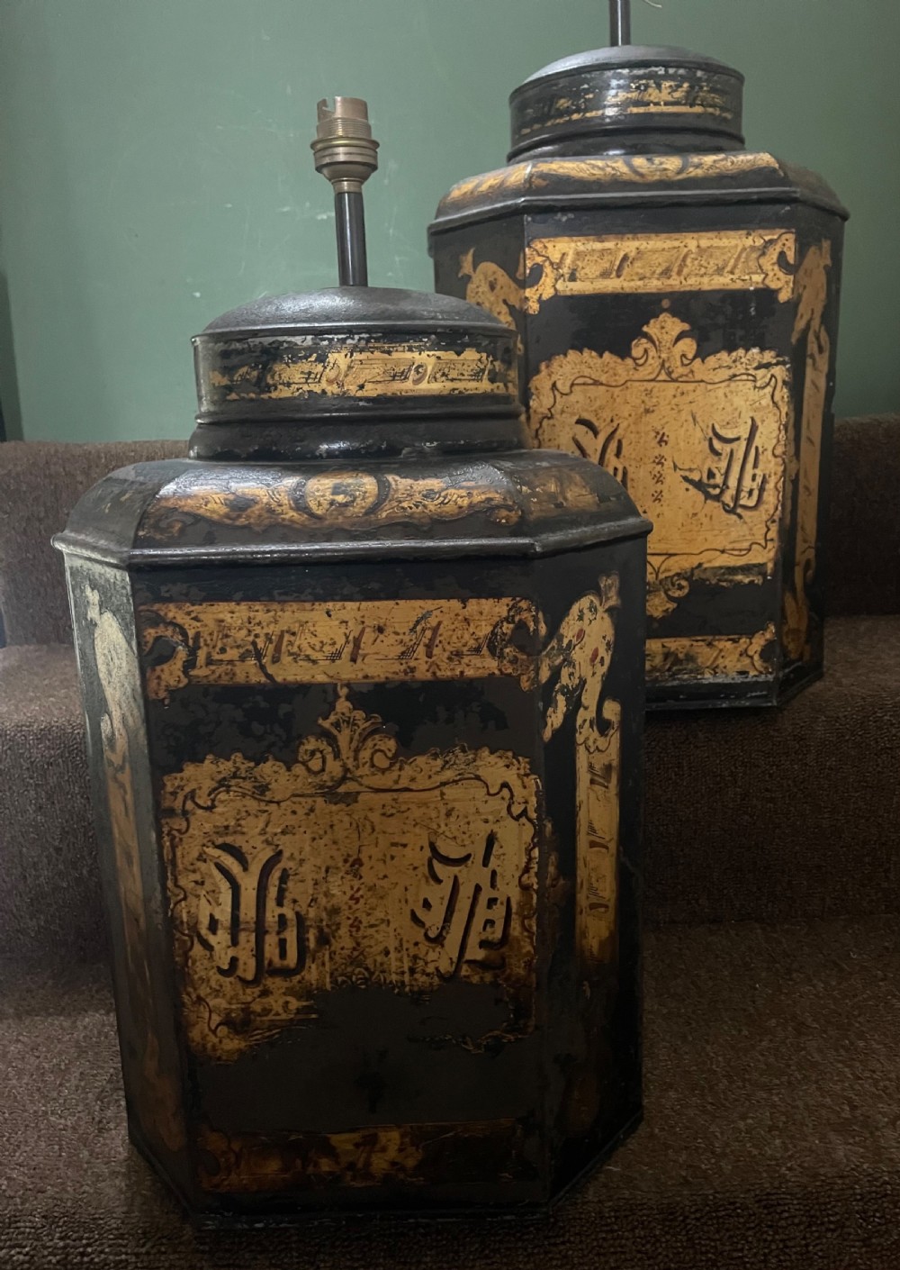 Pair of decorative mid C19th black and gilt japanned tin tea-canister lamp bases with Chinese style gilded decoration .  View VI