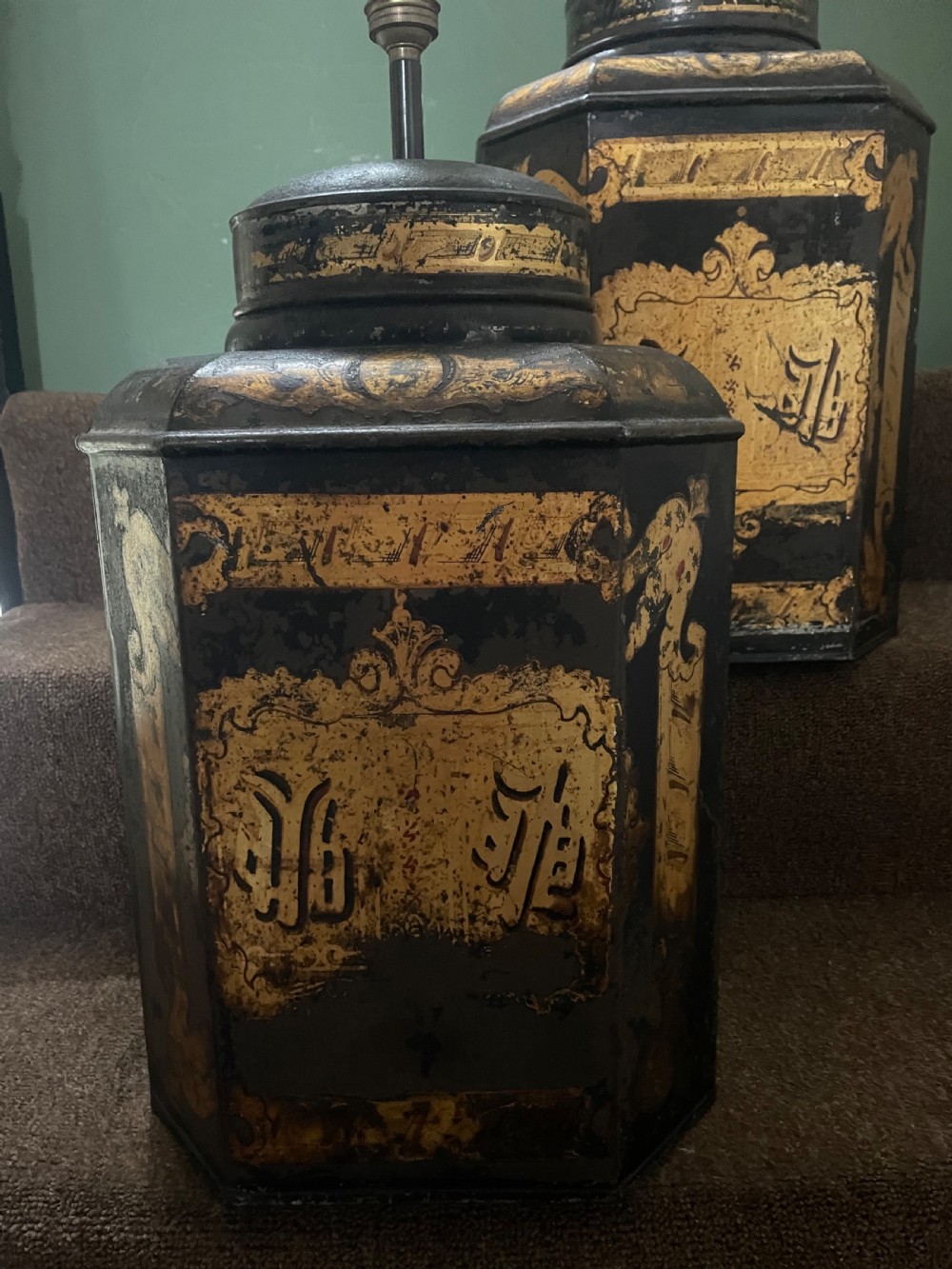Pair of decorative mid C19th black and gilt japanned tin tea-canister lamp bases with Chinese style gilded decoration .  View VIII