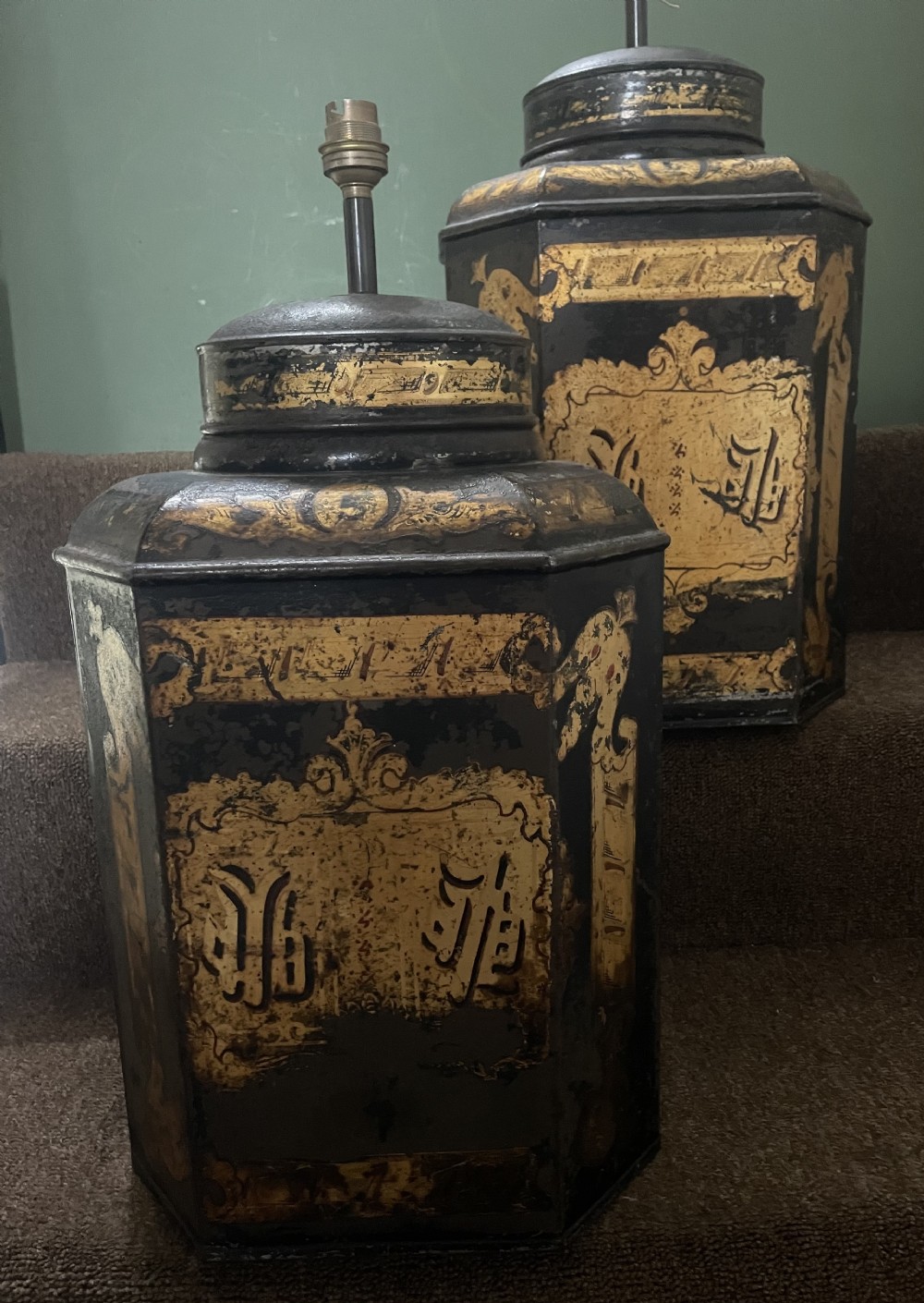 Pair of decorative mid C19th black and gilt japanned tin tea-canister lamp bases with Chinese style gilded decoration .  View IX