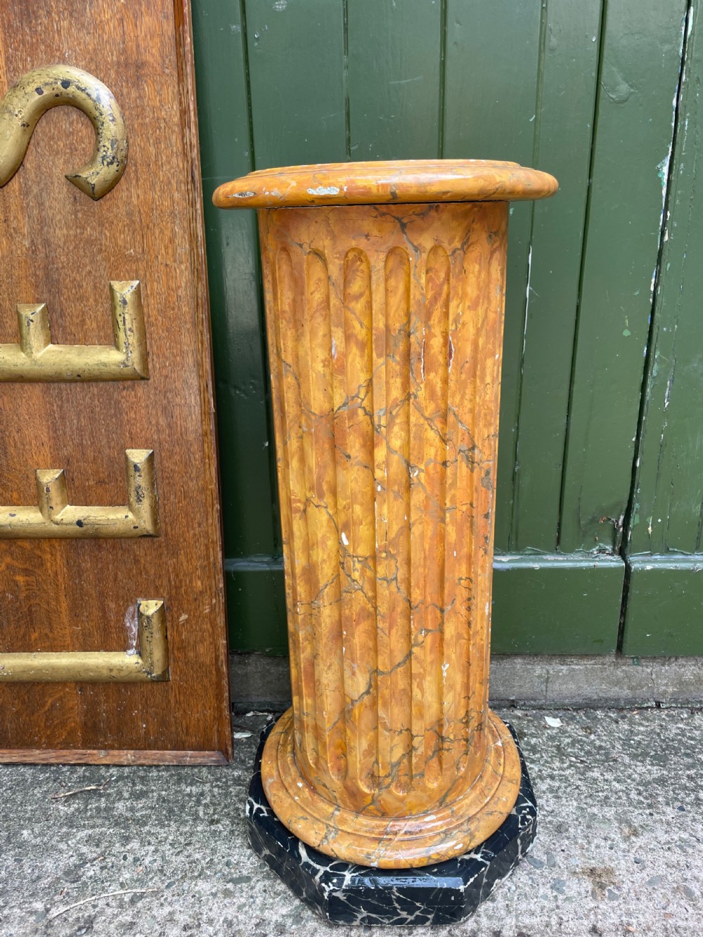 C19th simulated faux ‘giallo antico’ simulated marble wooden fluted classical column sculpture display stand . View II