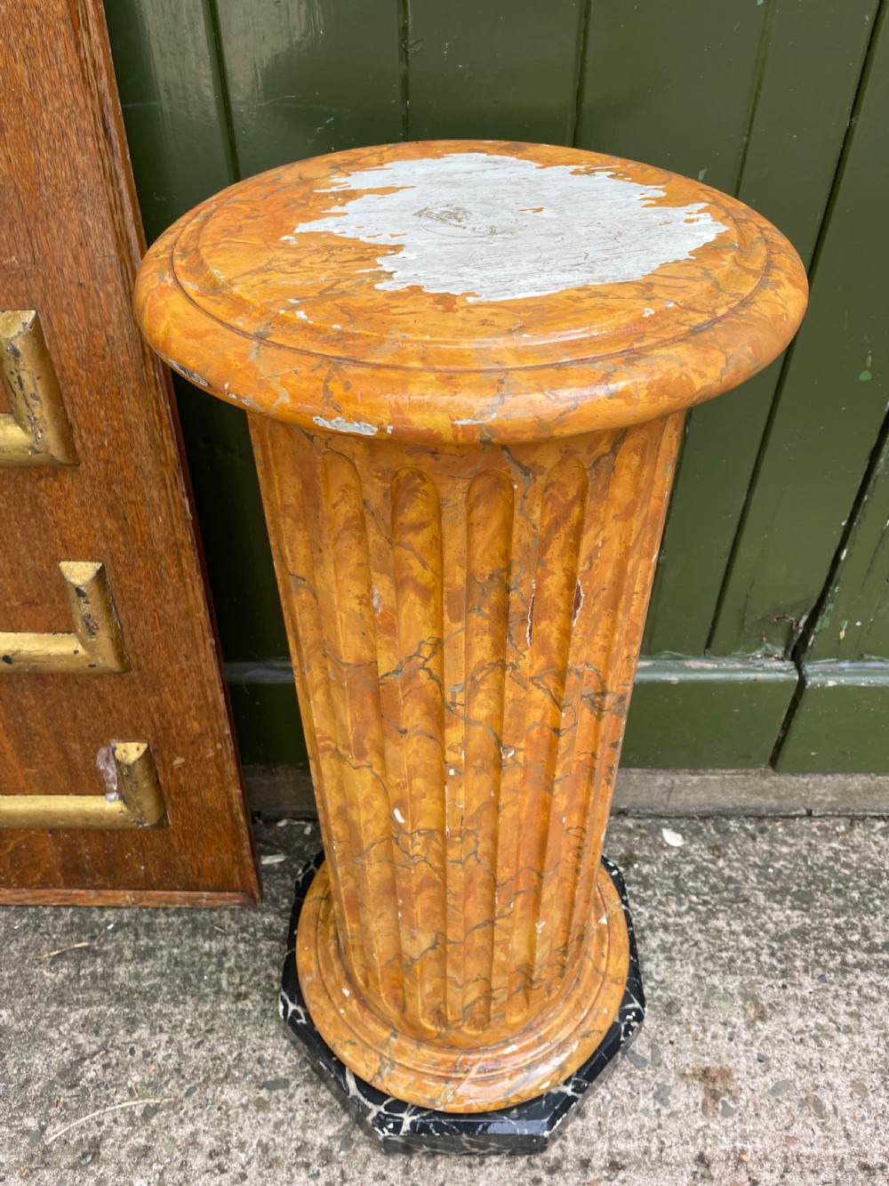 C19th simulated faux ‘giallo antico’ simulated marble wooden fluted classical column sculpture display stand . View IV