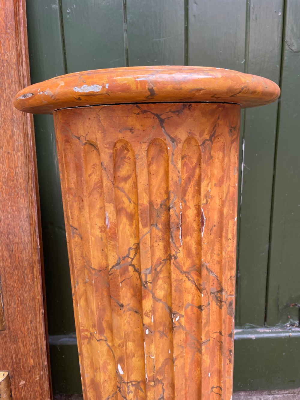 C19th simulated faux ‘giallo antico’ simulated marble wooden fluted classical column sculpture display stand . View VII